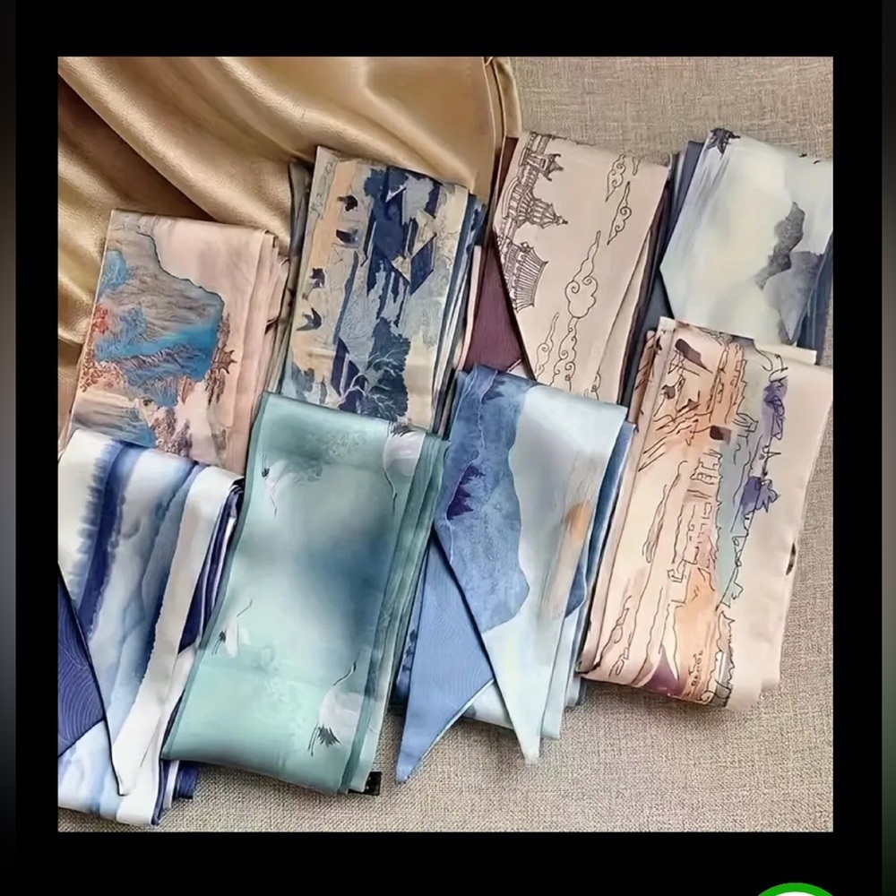 8 Twilly Silky Skinny Purse HairBag Scarves with Scenic Prints